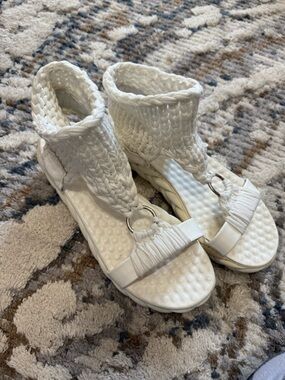 Braided White Gladiator Sandals with Ring Accent